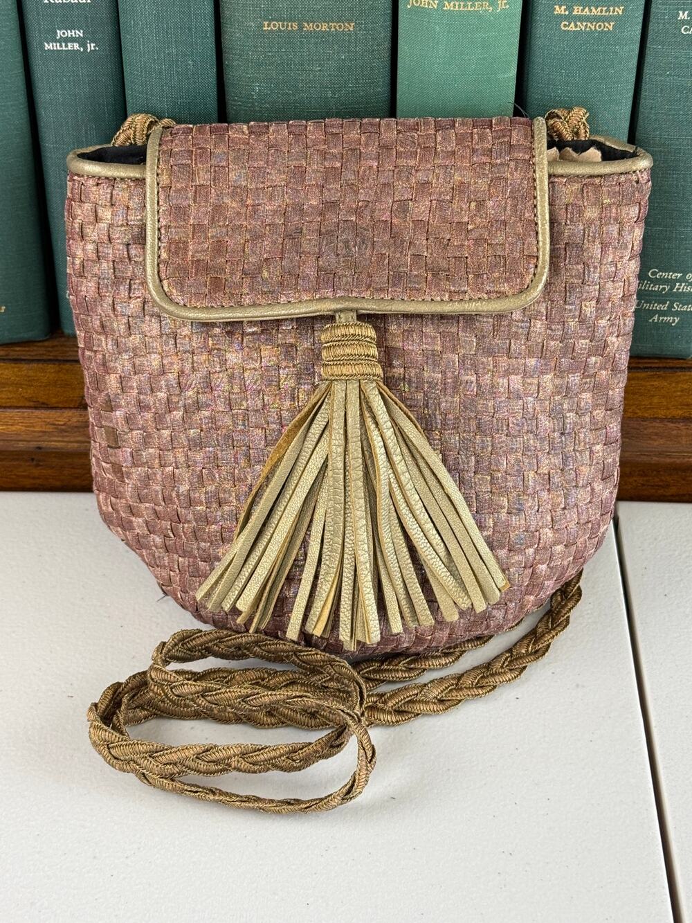 Vtg Sharif Bronze Leather/Fabric Basketweave Fringe Braided Strap Mini Crossbody